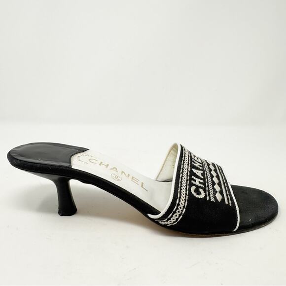 Chanel Vintage Black Embroidered Logo Slide Heels Size 37.5 - Picture 7 of 12